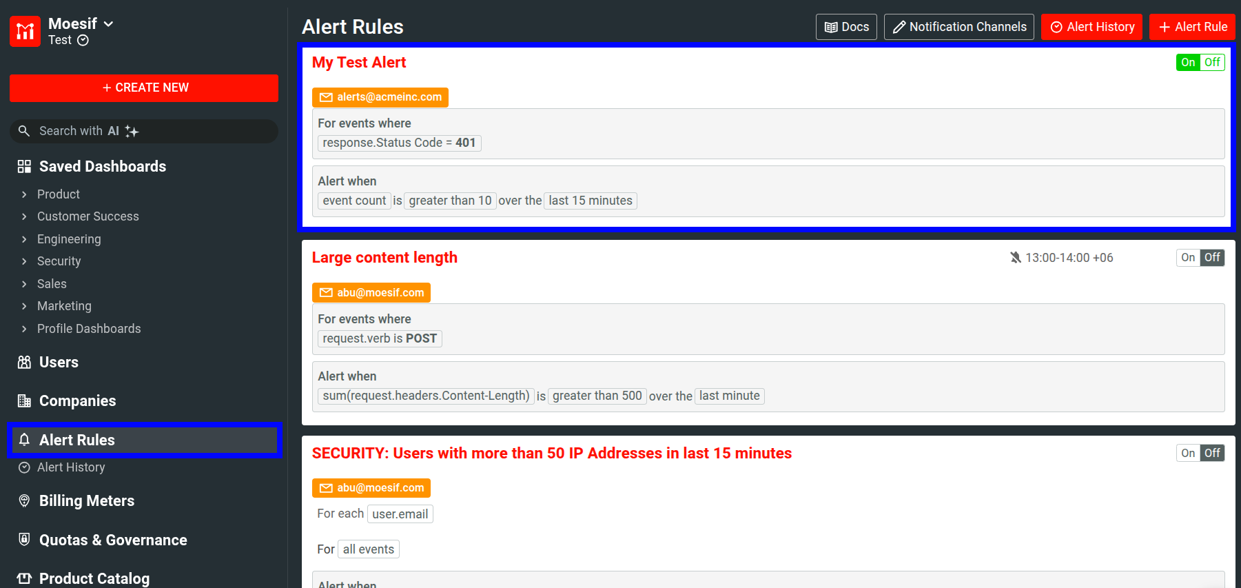 Created alert on Moesif alerts dashboard