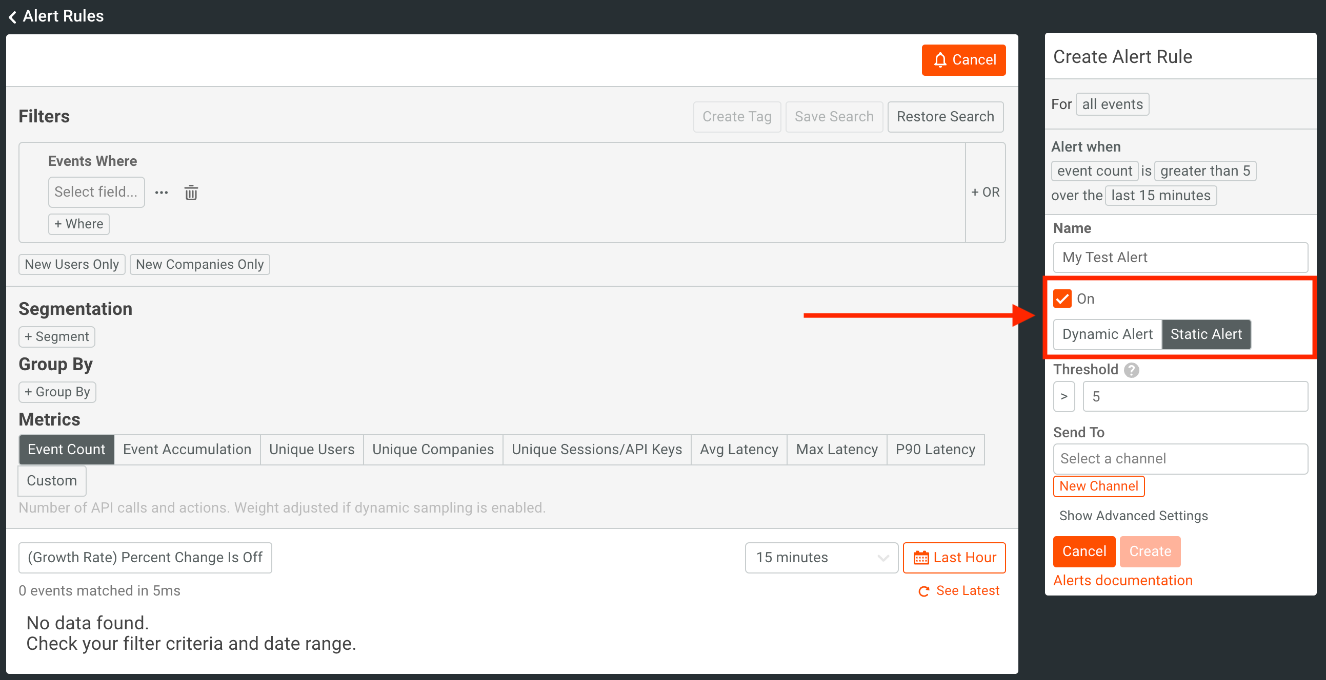 Moesif Alert type field with Static selected