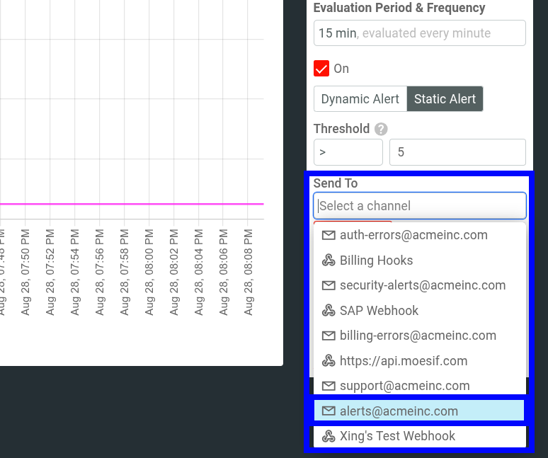 Moesif selecte alert channel to send notifications
