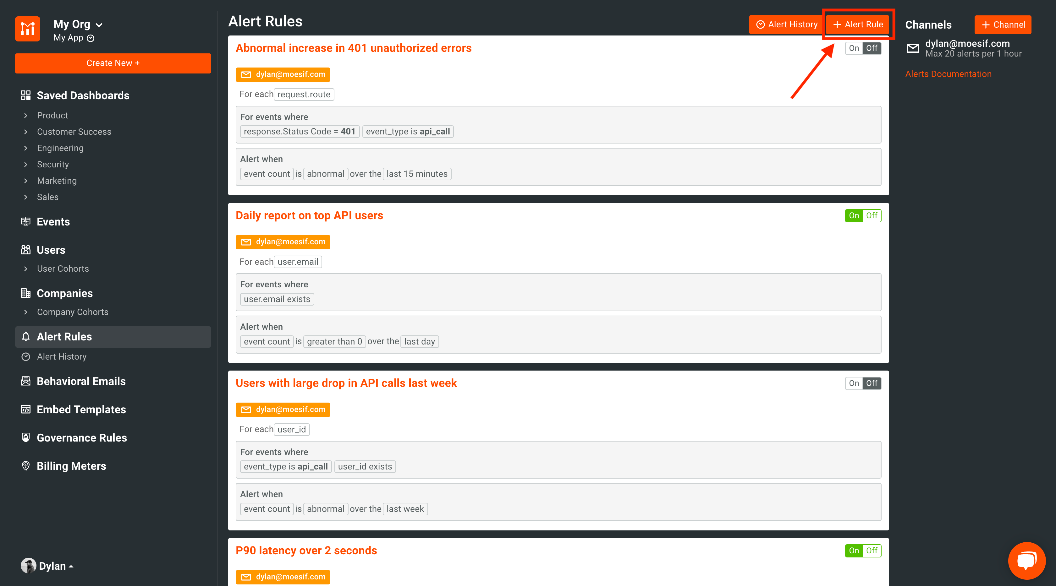 Moesif create alert button