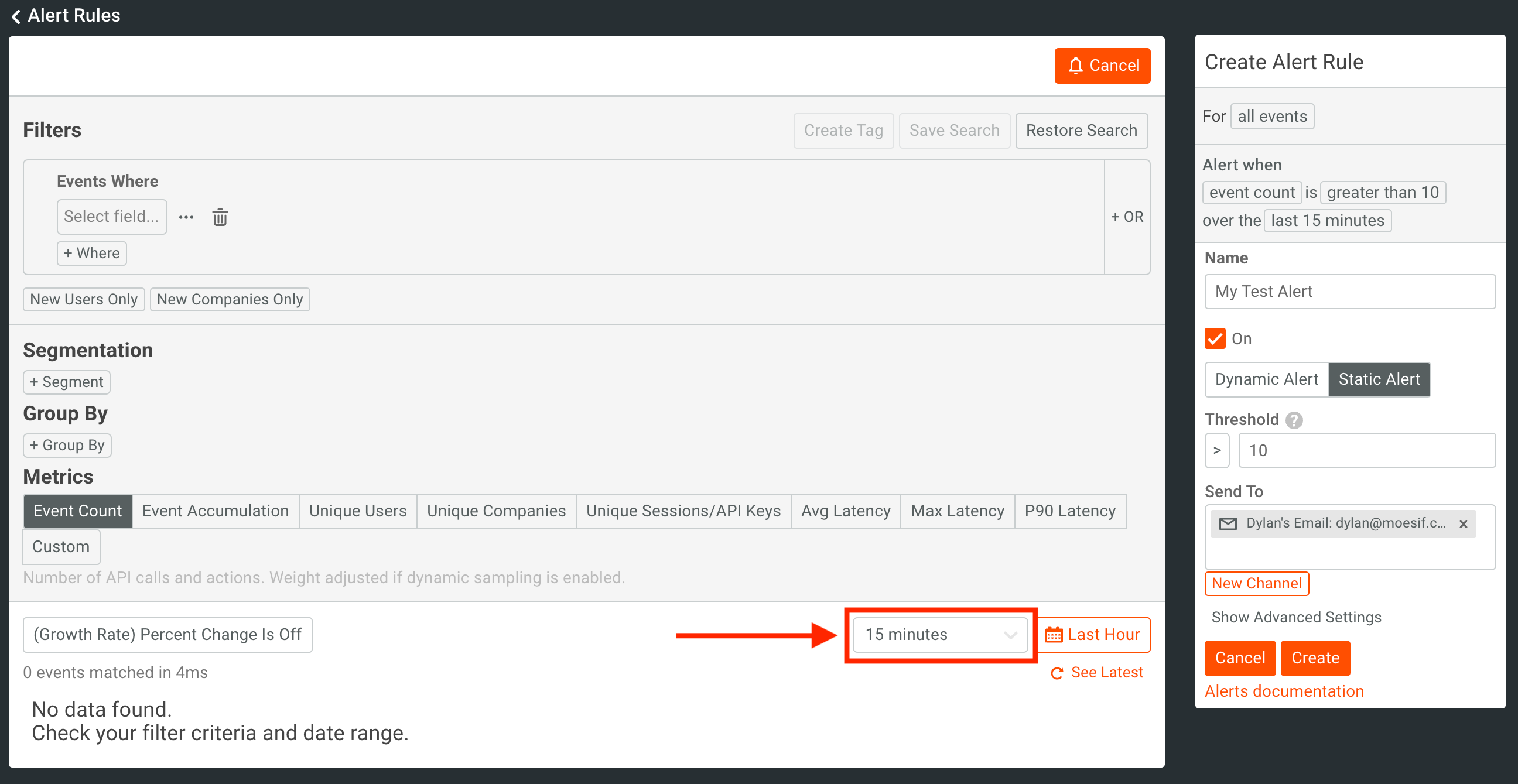 Moesif alert screens set time interval