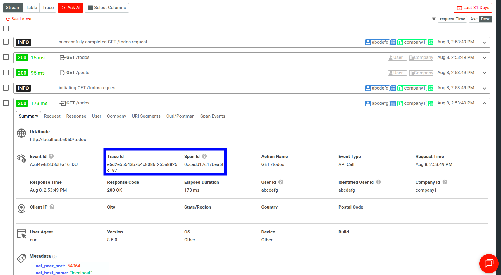 Trace and log data in Moesif's Live Event Log stream view.