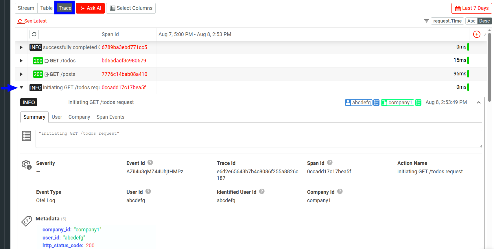 Trace view in Moesif Live Event Log workspace