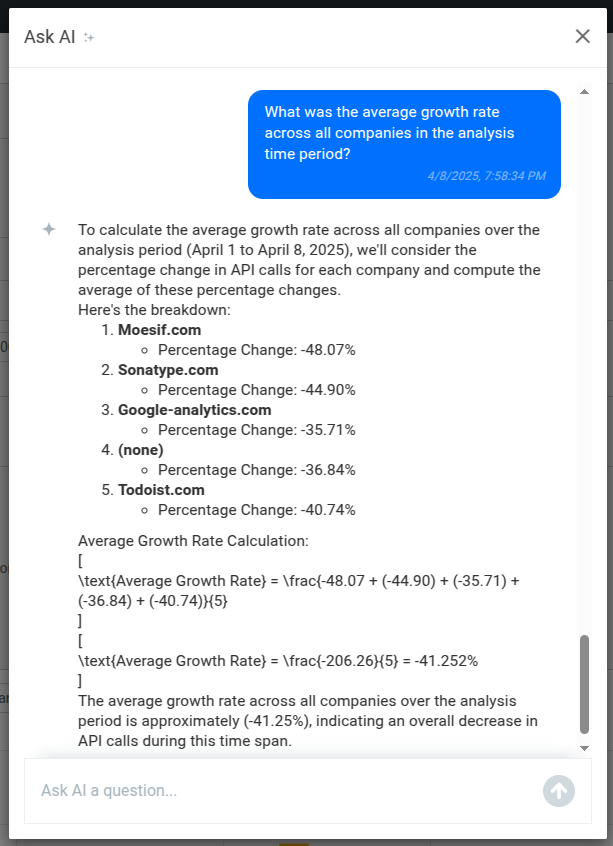 Asking Ask AI to evaluate the average growth rate in the embeddings API in the time series. Using Ask AI to find the average growth rate for companies in the time series.