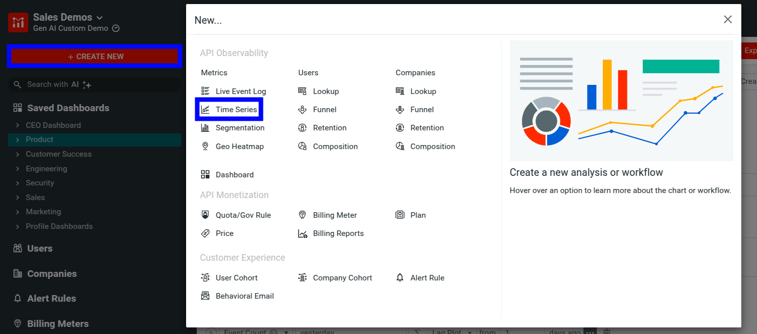 Creating a new Time Series analysis in Moesif. Createing a new time series in Moesif.