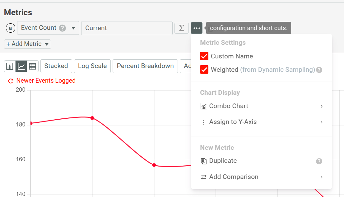 Creating and configuring the event count metric for the current day in a Moesif Time Series. Creating and configuring the first event count metric in a Moesif Time Series.
