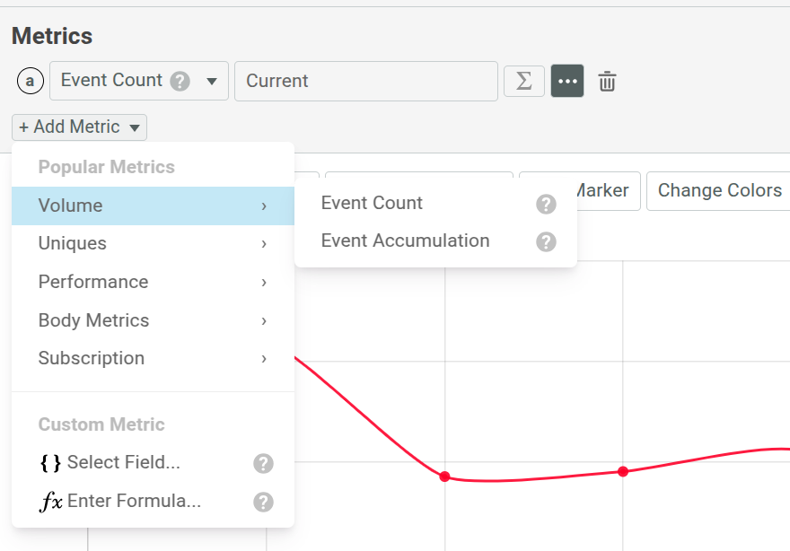 Creating and configuring the event count metric for the previous day in a Moesif Time Series. Creating and configuring the second event count metric in a Moesif Time Series.