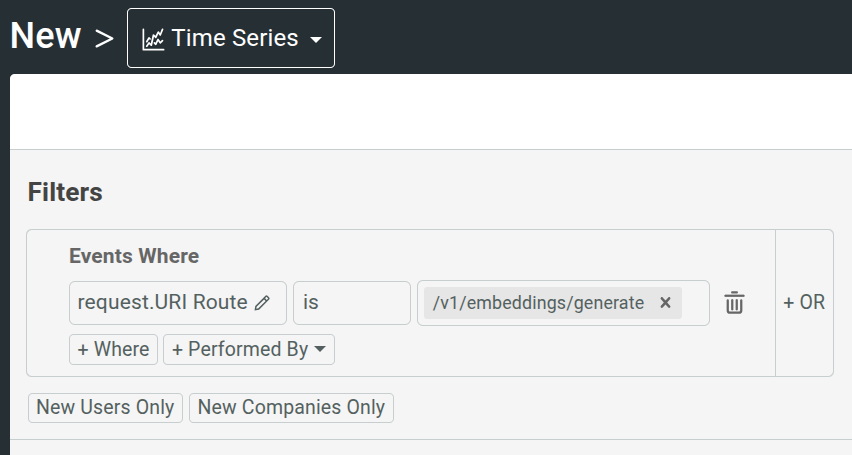 The Filters pane in a Time Series analysis in Moesif. Filters in Moesif analytics.
