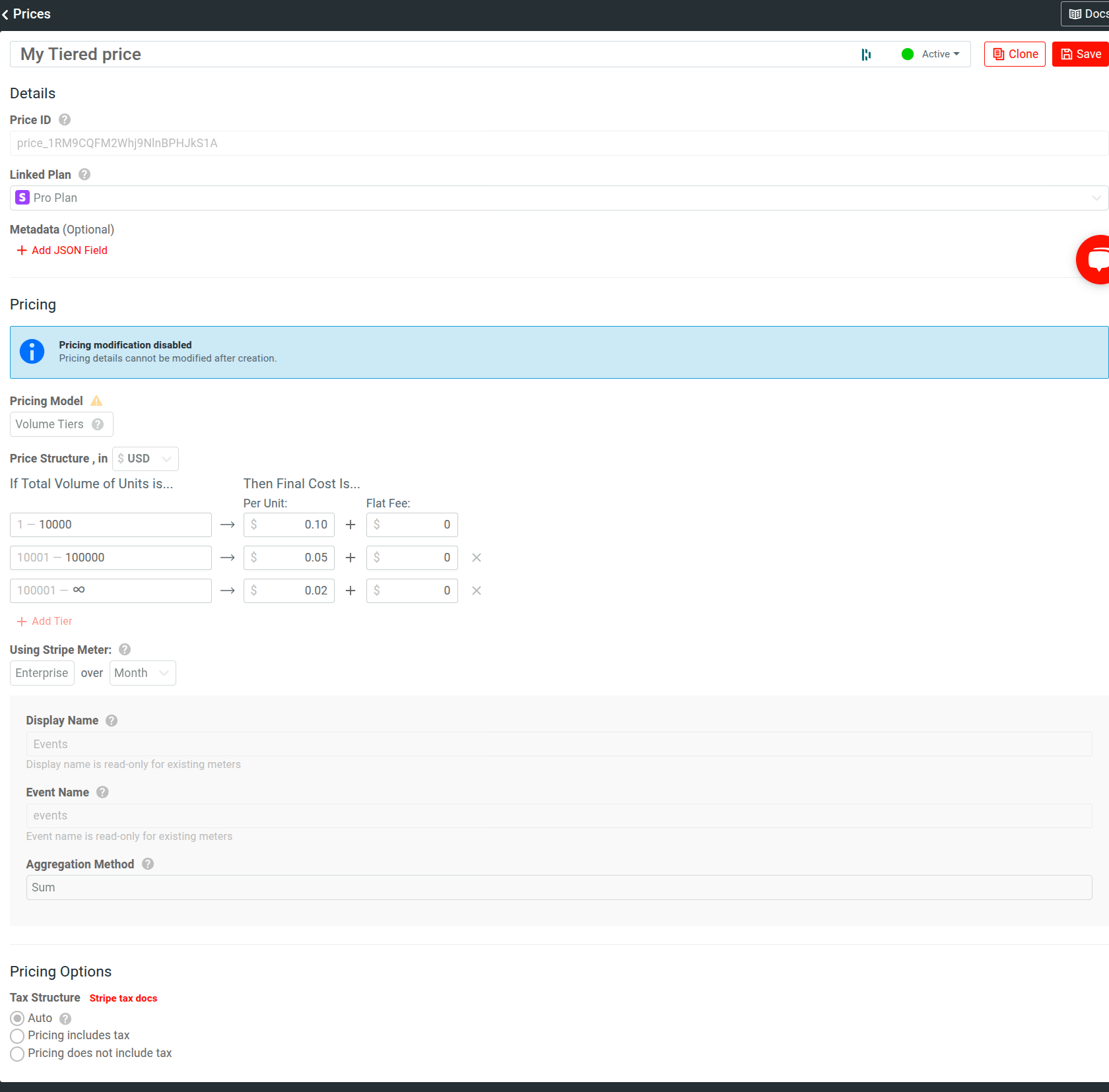 An example volume-tier price structure in Moesif.