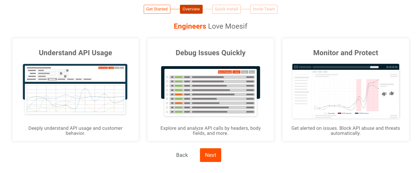 Moesif create account overview screen
