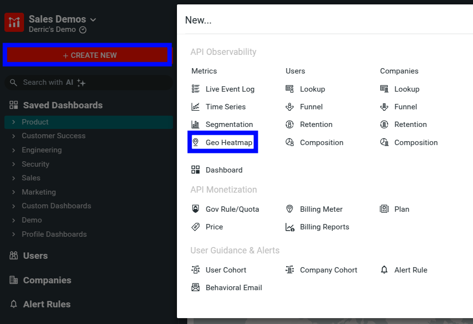 Creating a new Geo Heatmap analysis in Moesif. Creating a new geo heatmap in Moesif.