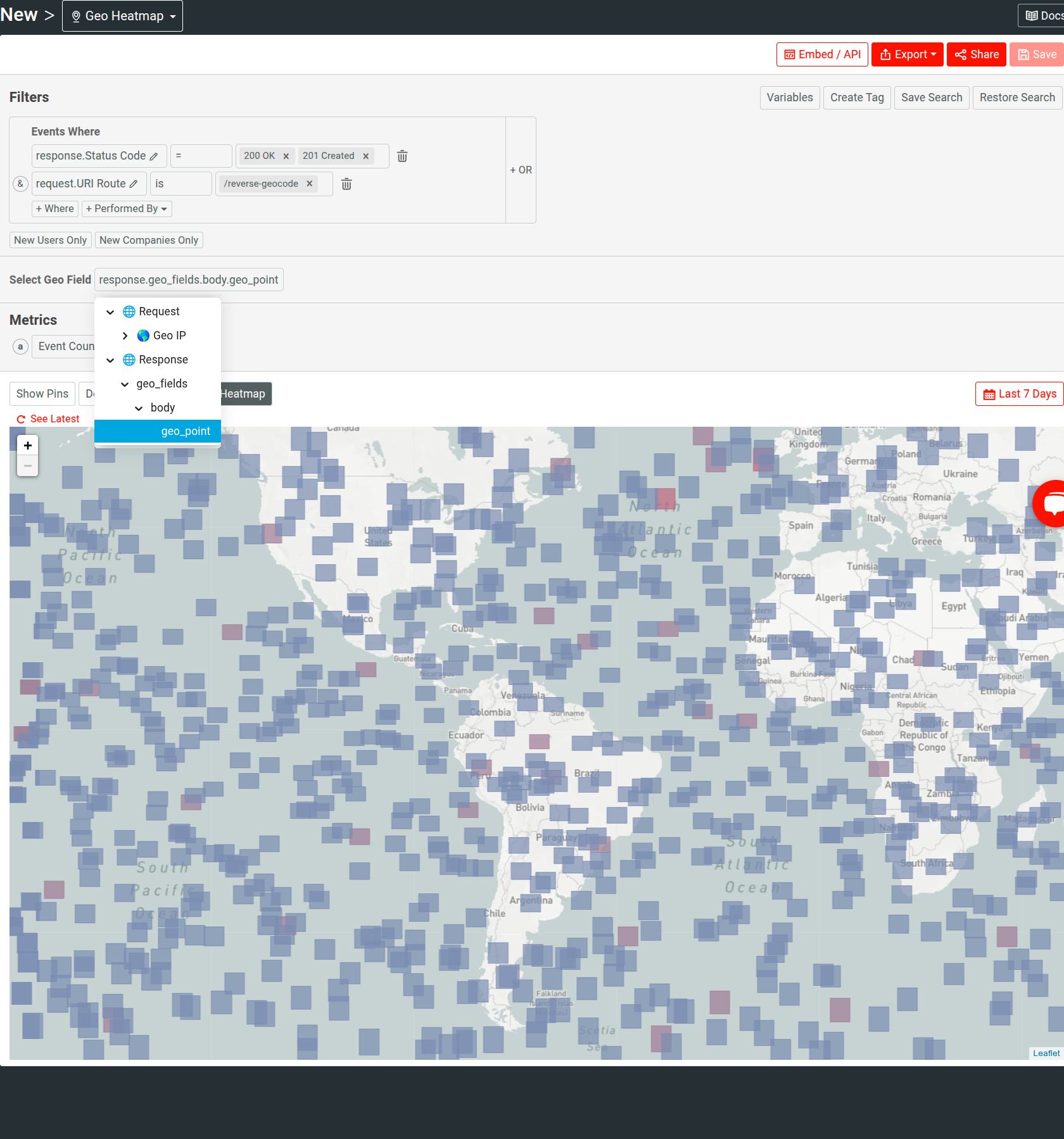 Specifying a GeoJSON field in a Geo Heatmap workspace in Moesif. Selecting a GeoJSON field.