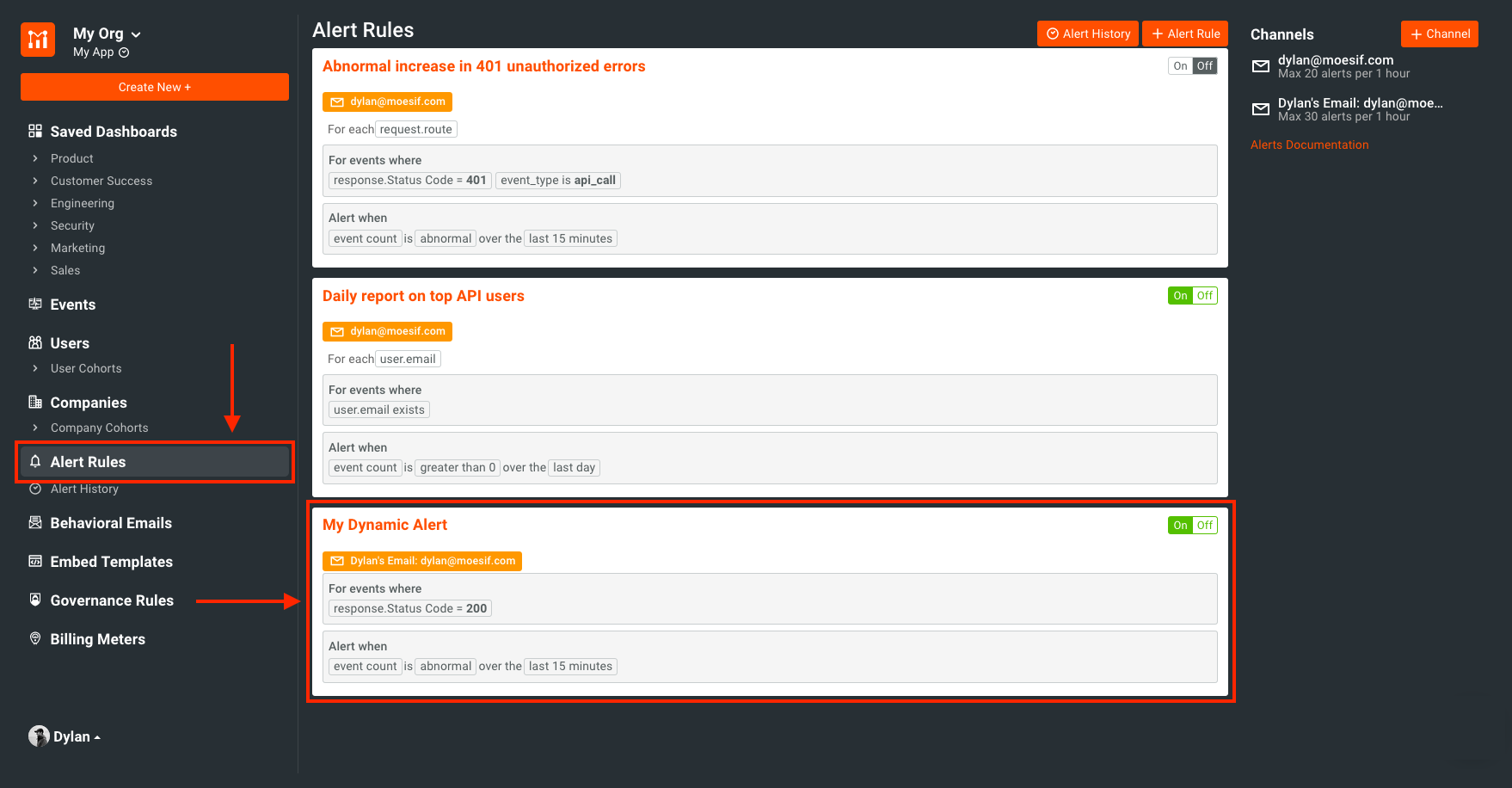 Created alert on Moesif alerts dashboard