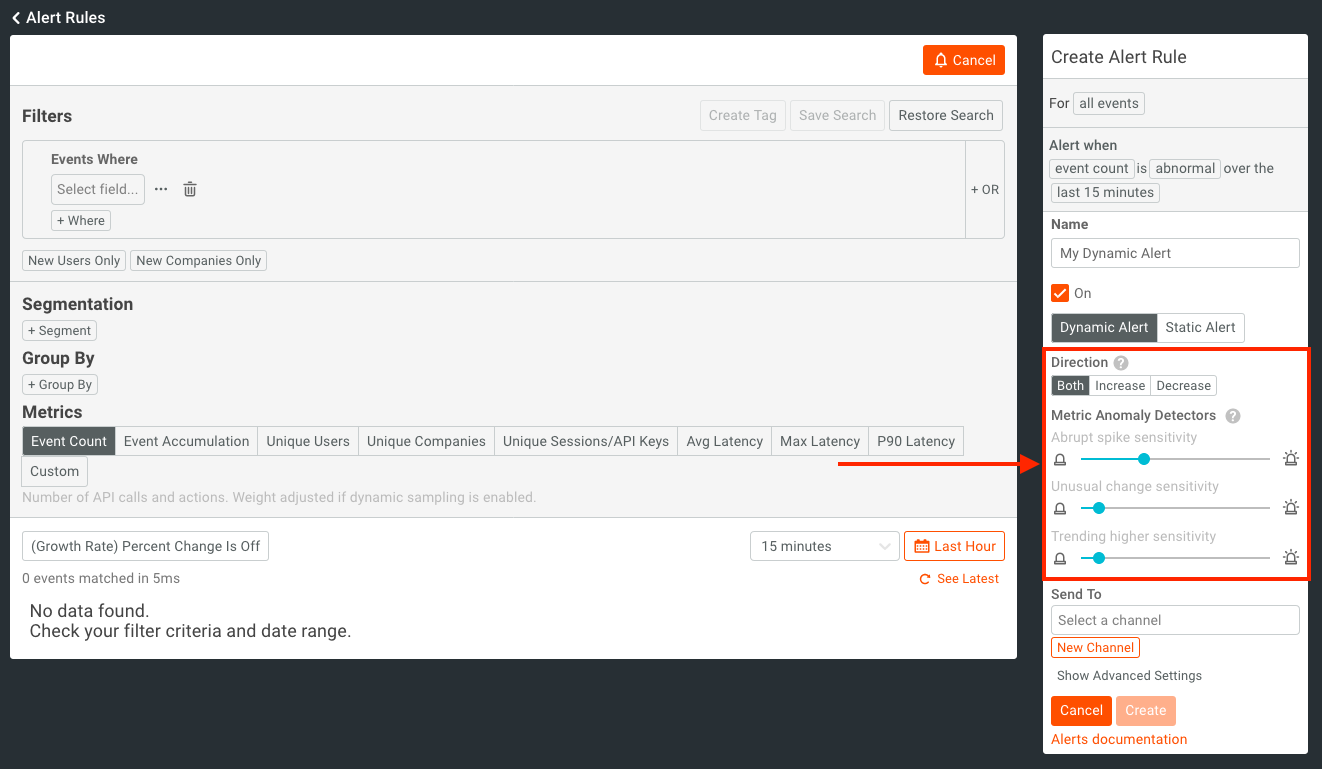 Anomaly detector sliders for alert
