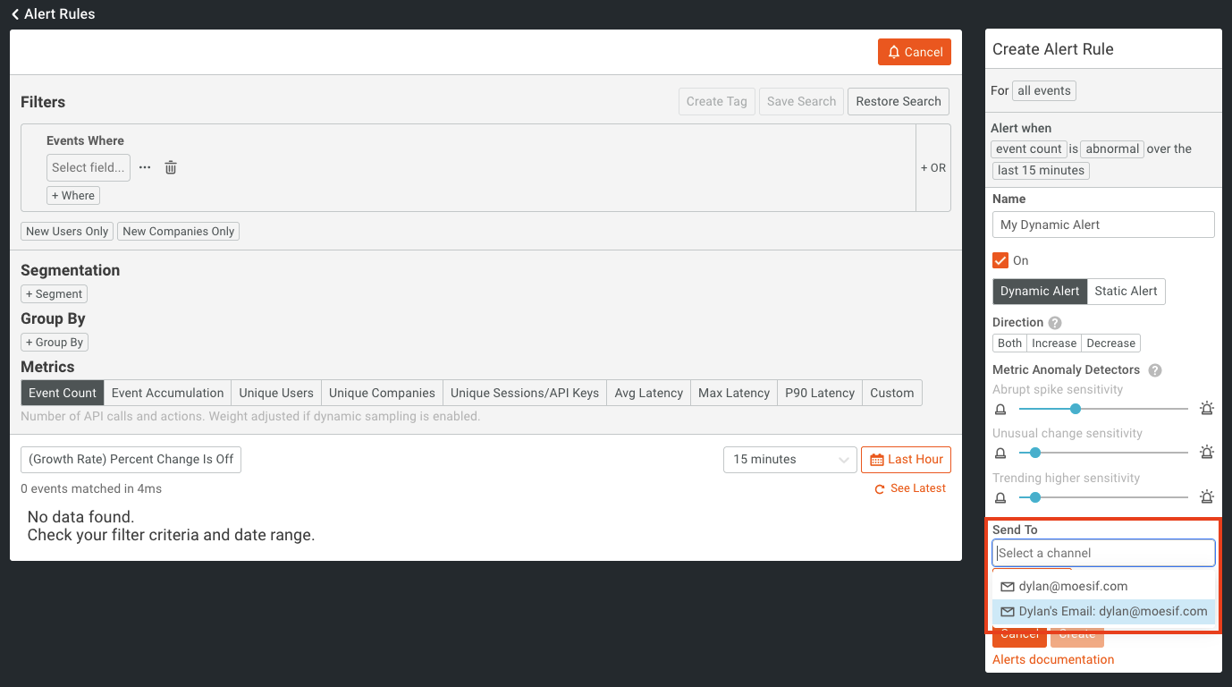 selecting channel from alert channel dropdown