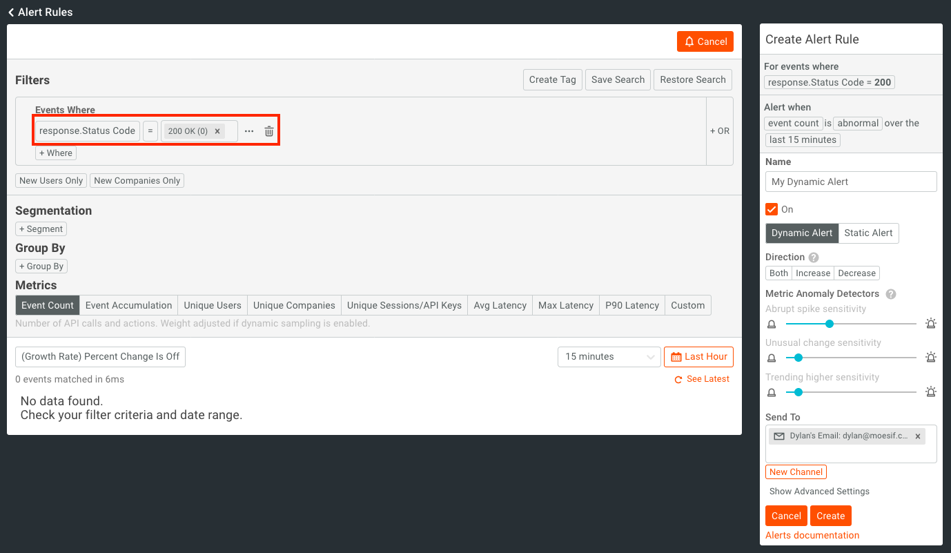 Moesif confirm alert filter criteria