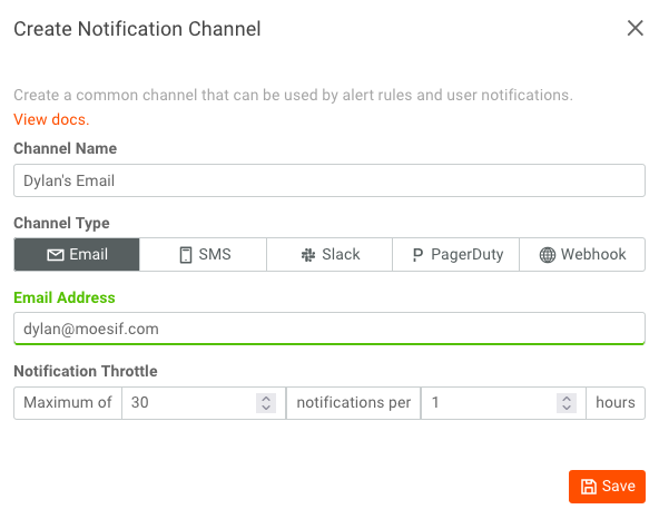 create new email alert inputs