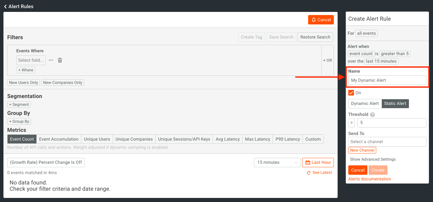 Alert screen alert name input