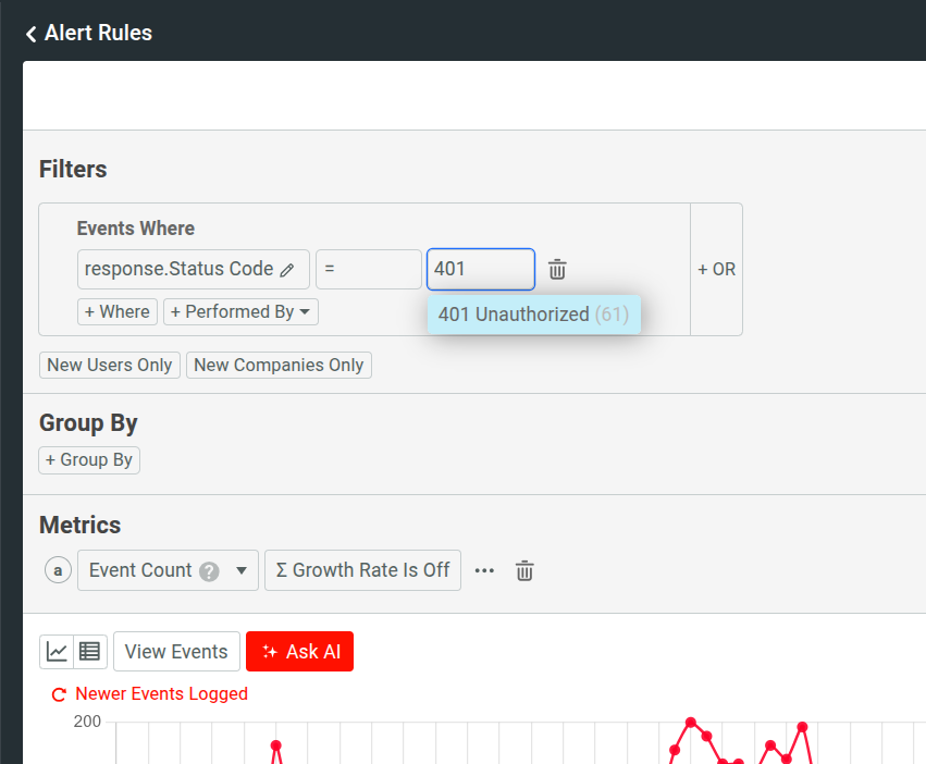 Moesif set alert value with dropdown