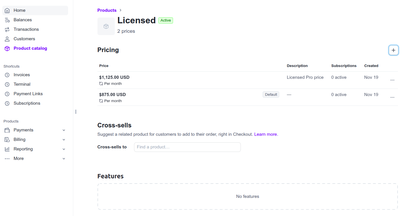 Viewing a product's prices in Stripe Prdouct Catalog. The 'Licensed' product details with its two prices in Stripe Product Catalog.