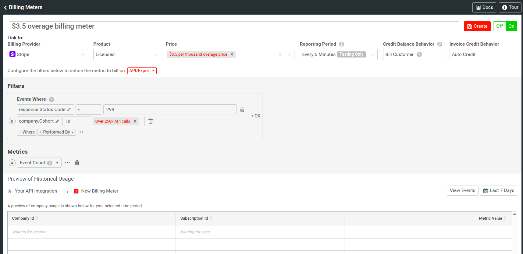 Tracking and metering overage customers. A billing meter in Moesif that charges eligible customers for $3.5 per thousand API calls.