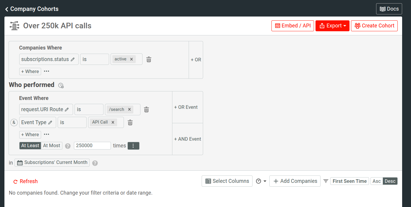 Creating a customer cohort in Moesif to track customers eligible for overage fees in real time. Creating a company cohort for overage customers that defines the usage threshold, event filters, and period of time.