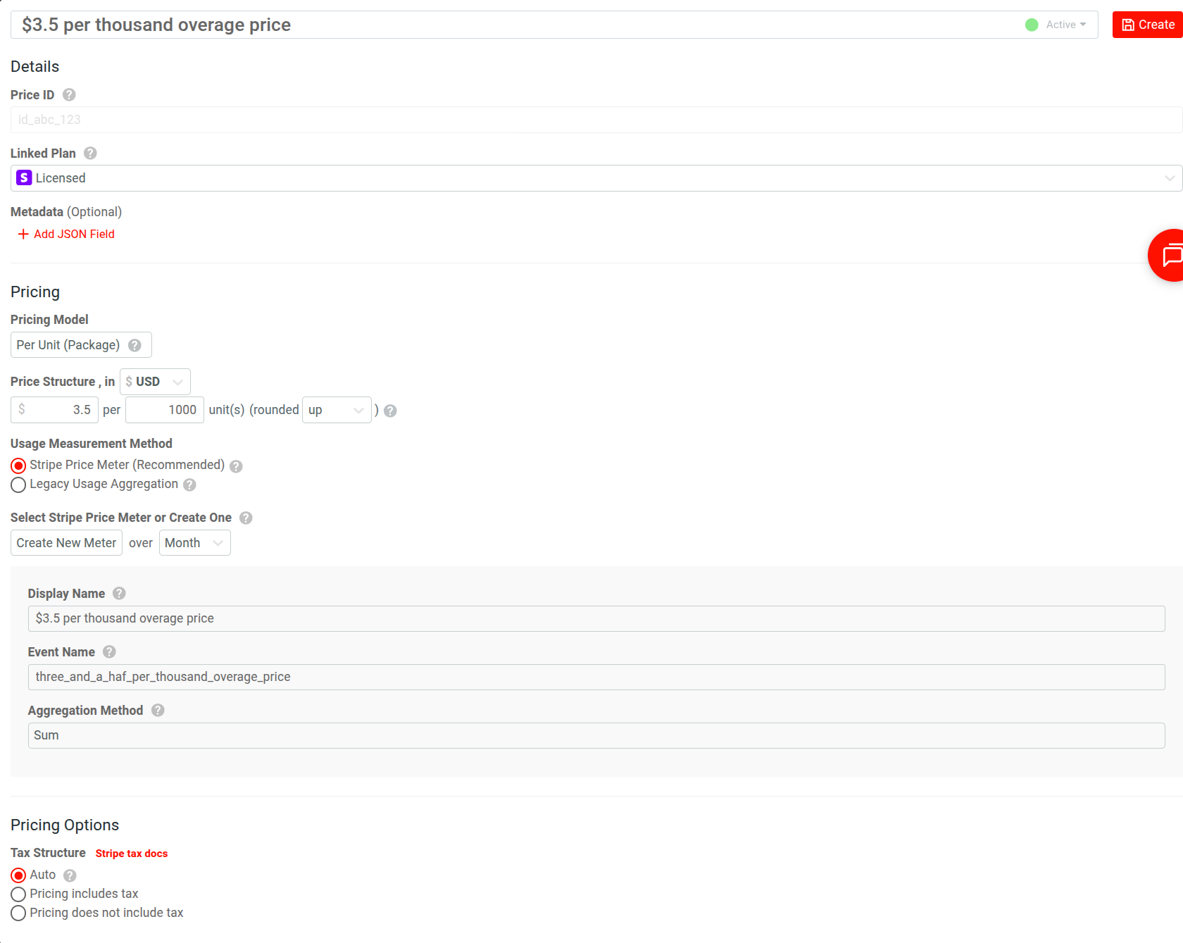 Using Moesif Product Catalog to create usage-based overage price. Creating the overage price in Moesif that charges 3.5 USD per thousand units of usage.
